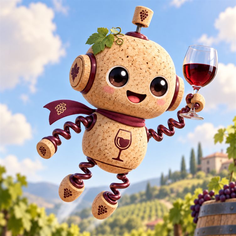 Descorchín, la mascota de cuerpo de corcho y brazos de tirabuzón, brindando entre viñedos