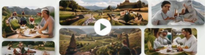 Mosaico de escenas en viñedos y mesas con vino