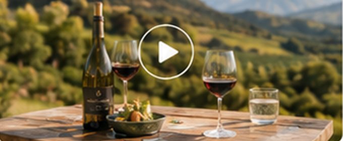 Botella y copas de vino sobre una mesa de madera con el valle de fondo